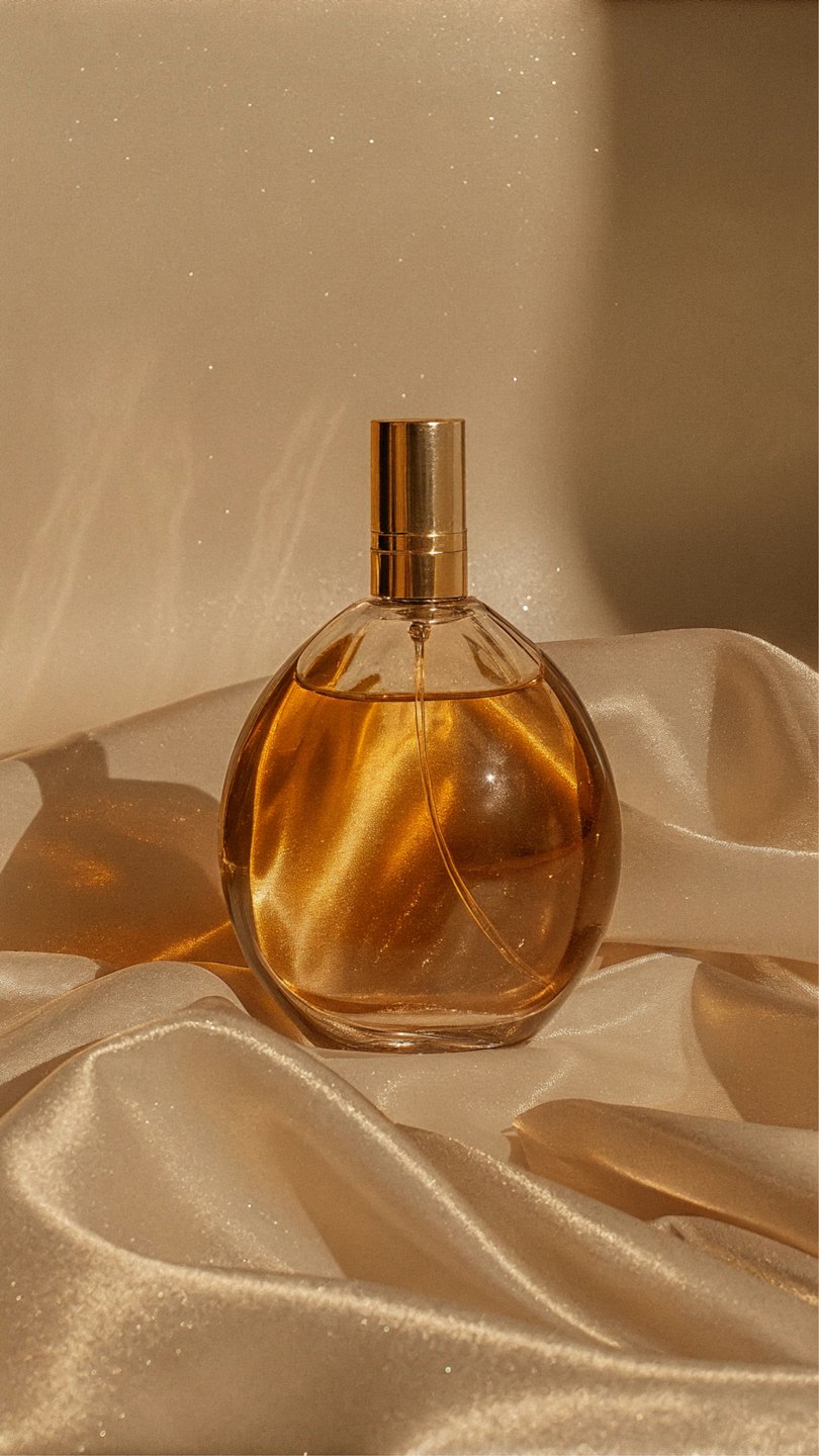 Golden cap perfume bottle on champagne satin.